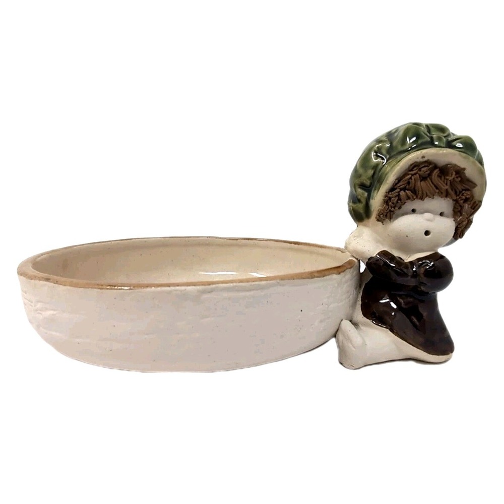 Vtg Ceramic Girl Child Figurine Trinket Dish Bowl‎ Made In Japan Bisque Texture